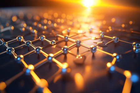 Complex arrangement of interconnected spheres showcases light reflections at sunset, highlighting technology.の写真素材