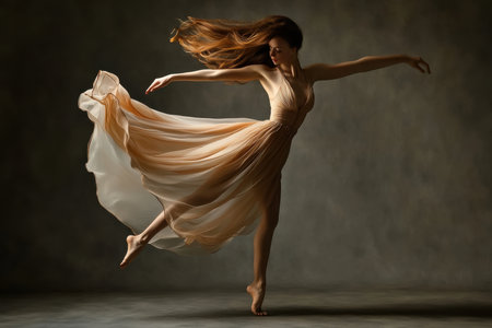 A dancer performs an expressive routine, her flowing dress accentuating her movement against a muted backdrop.の写真素材