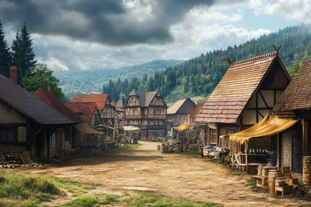 A serene village features rustic homes and market stalls against a backdrop of rolling green hills.の写真素材