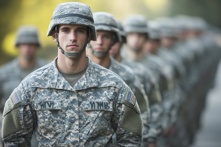 A group of soldiers stands in formation at dawn, preparing for a morning training exercise in uniform.の写真素材