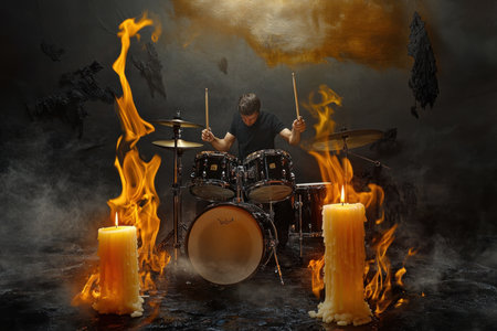 A musician passionately plays drums surrounded by flickering flames and glowing candles in a dark setting.の写真素材