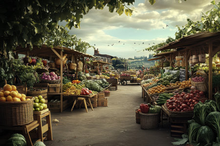 Vendors display a variety of colorful fruits and vegetables while shoppers explore the lively market in Tuscany.の写真素材