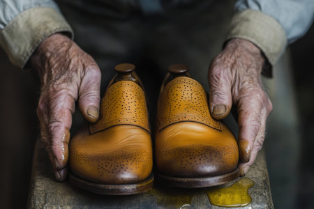 An elderly craftsman thoughtfully cares for a pair of brown leather shoes in his workshop.の写真素材