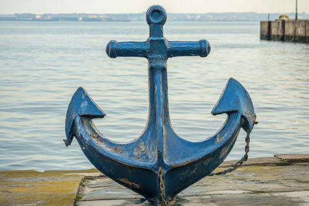 A blue anchor is positioned on a stone dock next to reflective water under a clear sky, showcasing maritime elements.の写真素材