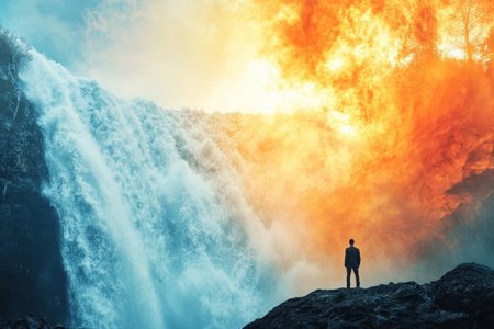 A person stands on rocks in front of a powerful waterfall as vibrant flames fill the sky at sunset.の写真素材