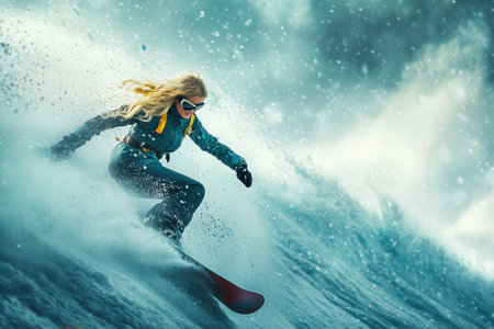 A skilled surfer rides a large wave, showing agility and control in a cold environment.の写真素材