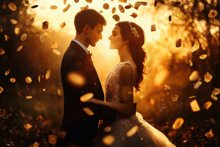 A beautiful couple stands together, silhouetted by a warm sunset and surrounded by softly falling leaves.の写真素材