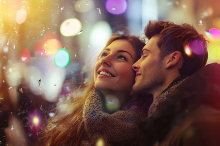 Two people smile together in a lively urban setting filled with colorful lights and falling snowflakes at night.の写真素材
