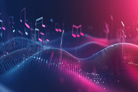 Colorful musical notes hover above a flowing, wavy digital background, creating a lively atmosphere.の写真素材