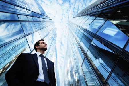 A professional man in a suit stands confidently, looking up at towering glass buildings against a bright sky.の写真素材