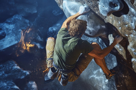 A climber ascends a difficult bouldering route inside a cave, surrounded by rugged rocks and shadows.の写真素材