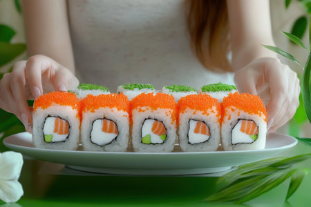Colorful sushi rolls are presented on a plate as someone prepares to serve them surrounded by greenery.の写真素材