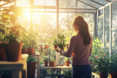 A woman carefully examines a potted plant while surrounded by greenery in a warm, sunlit greenhouse.の写真素材