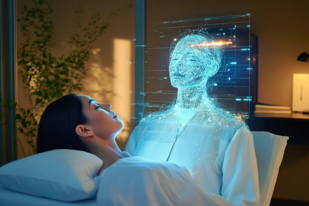 A woman interacts with a holographic AI in a modern bedroom, blending technology and wellness seamlessly.の写真素材