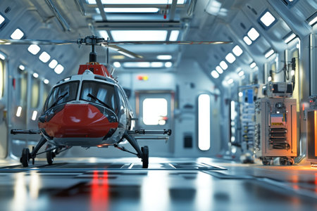 A red and white helicopter is positioned in a sleek, high-tech hangar filled with equipment and lighting.の写真素材