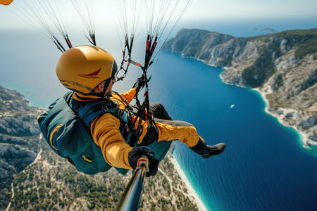 A person paraglides high above a beautiful coastline, enjoying the thrill and breathtaking views.の写真素材