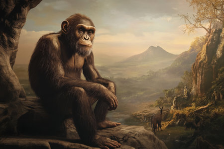 A primate sits thoughtfully on a rock ledge, overlooking a picturesque valley and distant mountains during sunset.の写真素材
