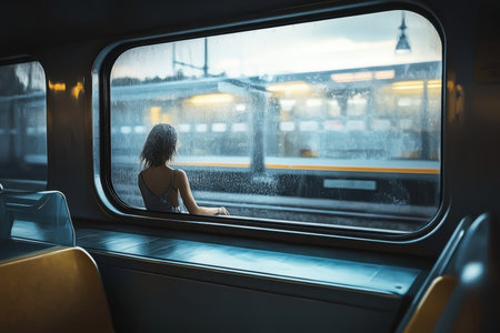 A woman gazes outside from a train window as raindrops create a blurred effect on the glass.の写真素材