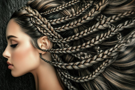 Intricately braided long hair elegantly frames a woman's profile, showcasing artistry and skill.の写真素材