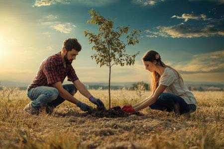 A couple kneels in a field, planting a young tree as the sun sets, surrounded by a beautiful landscape.の写真素材