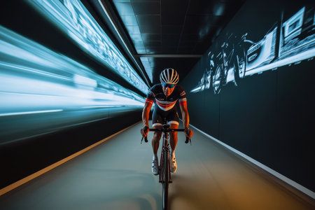 A cyclist rushes through a tunnel, illuminated by vivid lights that boost the training experience.の写真素材