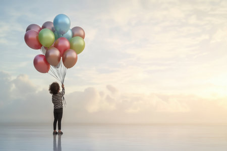 A young child stands on a reflective surface, grasping vibrant balloons while gazing at the horizon.の写真素材