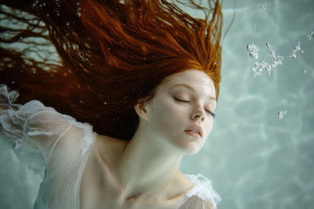 A woman floats gracefully in water, her red hair flowing around her, creating a peaceful and ethereal atmosphere.の写真素材