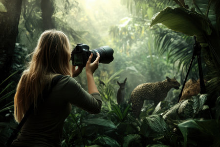 A photographer focuses intently on animals while surrounded by vibrant rain forest foliage at dusk.の写真素材