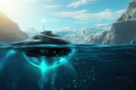 A futuristic submarine glides through tranquil waters surrounded by rugged mountains at dawn.の写真素材