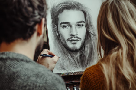 An artist works on a charcoal portrait of a young man, capturing his features in a creative atmosphere.の写真素材