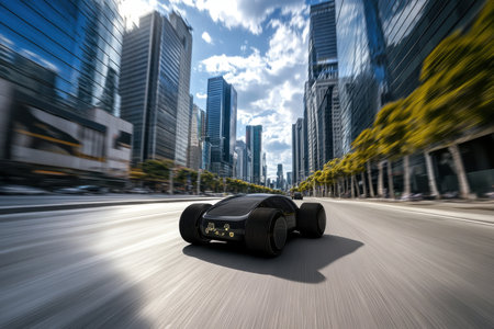 A sleek black vehicle zooms down a wide city street lined with tall buildings under a partly cloudy sky.の写真素材