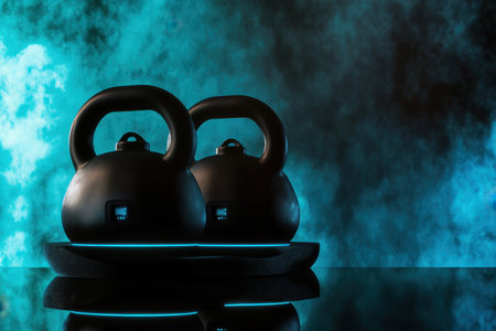 Two black kettlebells rest on a glossy surface under dramatic blue lighting in a fitness space.の写真素材