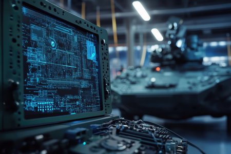 A high-tech control panel is shown in front of a military vehicle, showing advanced technology in defense.の写真素材