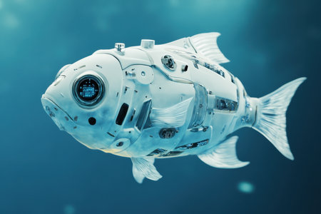 A mechanical fish swims gracefully in deep blue water, showing advanced technology and design.の写真素材