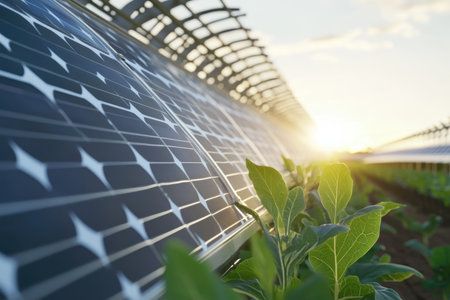 Solar panels glow in the sunlight, surrounded by healthy green plants in a sustainable farming setting at dusk.の写真素材