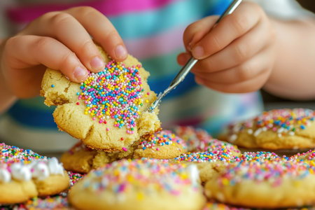 A child decorates cookies with vibrant sprinkles, creating a joyful atmosphere in a family kitchen.の写真素材