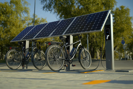 Two electric bicycles recharge at a solar-powered charging station in an urban environment.の写真素材
