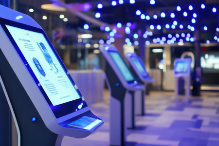 Brightly lit kiosks featuring digital displays offer interactive information in a contemporary environment.の写真素材