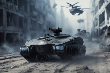 A tank moves through a ravaged city, surrounded by smoke and debris, with helicopters hovering above.の写真素材