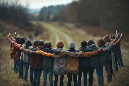 A group of friends stands in the countryside, arms around each other, overlooking a serene trail under cloudy skies.の写真素材