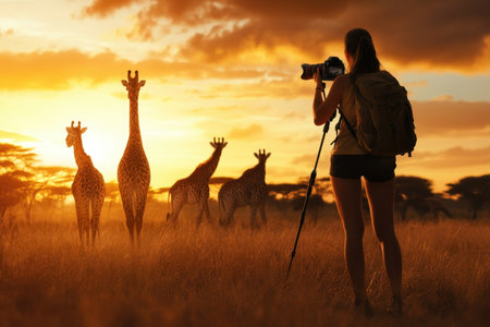 A wildlife photographer observes and captures giraffes during a stunning sunset in the savannah.の写真素材