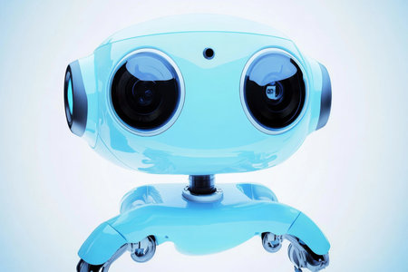 A friendly robot with big expressive eyes stands, emphasizing its advanced design and technology.の写真素材