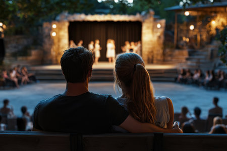 A couple sits closely together, watching a live performance in an outdoor theater at dusk.の写真素材
