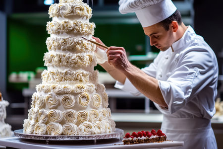 A skilled pastry chef meticulously decorates a towering wedding cake with intricate frosting designs.の写真素材