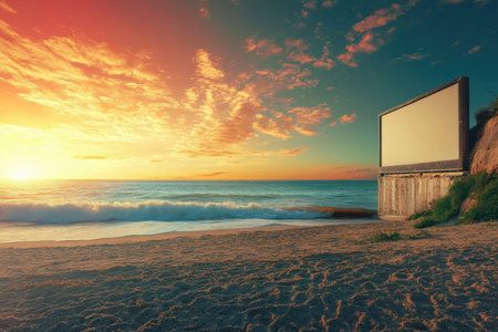 A large screen stands on the sandy beach as waves crash gently, illuminated by a brilliant sunset sky.の写真素材