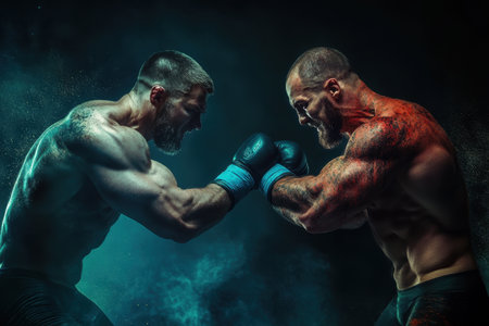 Two muscular fighters engage in a fierce battle, showing strength and determination in a dramatic atmosphere.の写真素材