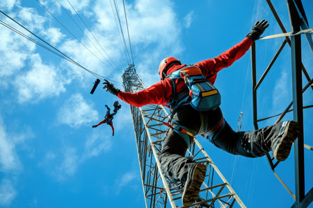 Workers perform safety tasks on power lines while suspended from heights, ensuring functionality and safety.の写真素材