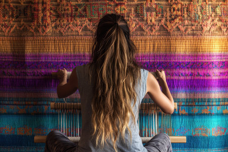 A woman sits at a loom, skillfully creating a colorful tapestry in a bright, artistic setting filled with fabric.の写真素材