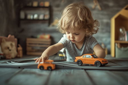 A young child engages with orange toy cars on a toy train track in a cozy room filled with toys.の写真素材