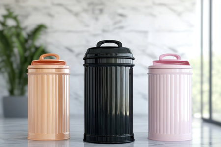 Three elegant trash cans in pastel colors stood on a marble countertop, surrounded by indoor plants and sunlight.の写真素材